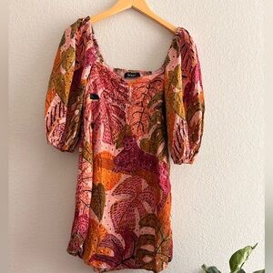 Kourt Robbie Palm Eyelet Puff Sleeve Mini, Peach/Orange/Pink/Green Medium